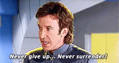 galaxy quest scene with capt taggart saying never give up never surrender