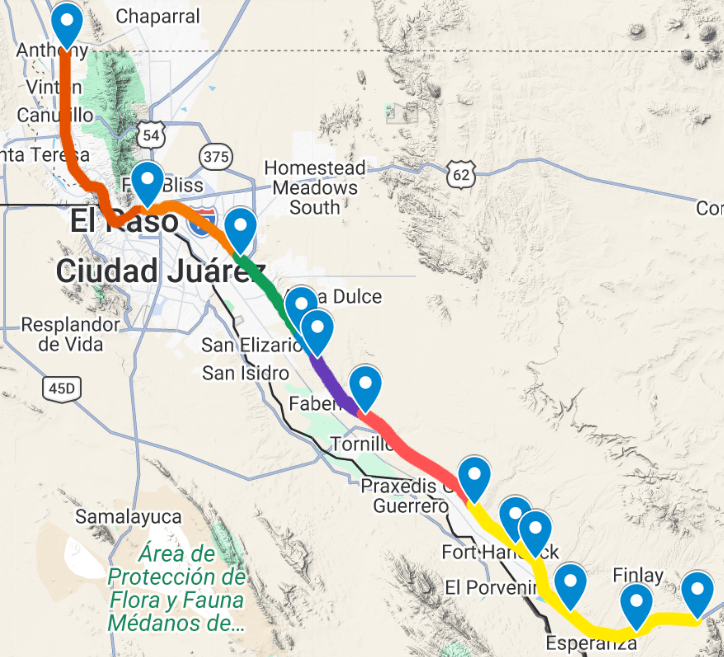 Map of Texas along the I-10 interstate starting from Anthony, TX down along the border with Mexico til Esperanza and curving eastward. Accurate as of May 7th 2026