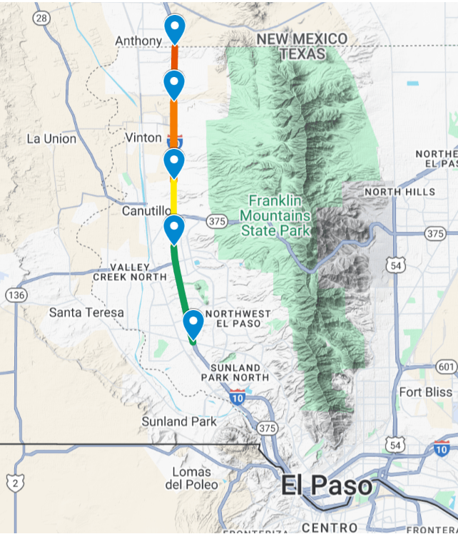 Screenshot of Virtual Walking map of Texas with colored lines indicating the route and distance covered, from Anthony Texas at the border down to NW El Paso.