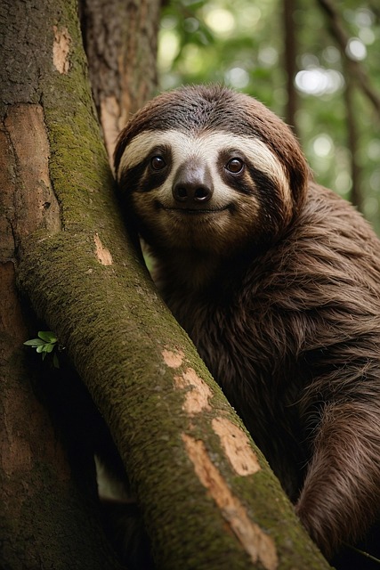 AI generated image of a tree sloth resting against a tree trunk looking at us