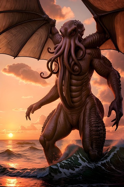 AI generated image of cthulhu rising from the ocean with a sunset behind his form